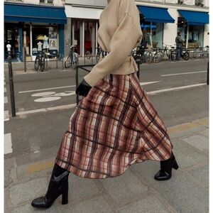Plaid Wrinkled-Effect Midi Skirt, Brown/Ecru, Zara, S, NWT